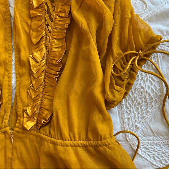 Mustard ASOS DESIGN Mini Dress with Satin Trim Ruffle and Tie Detail - Picture 5 of 7